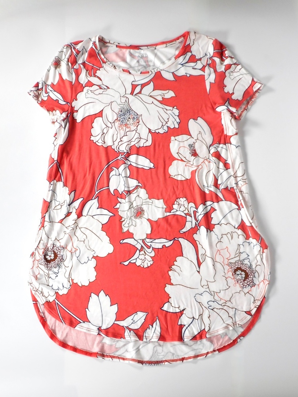 APT 9 Coral Orange Floral Sz XS Tunic Top Tshirt Soft Rayon Stretch Rounded Hem